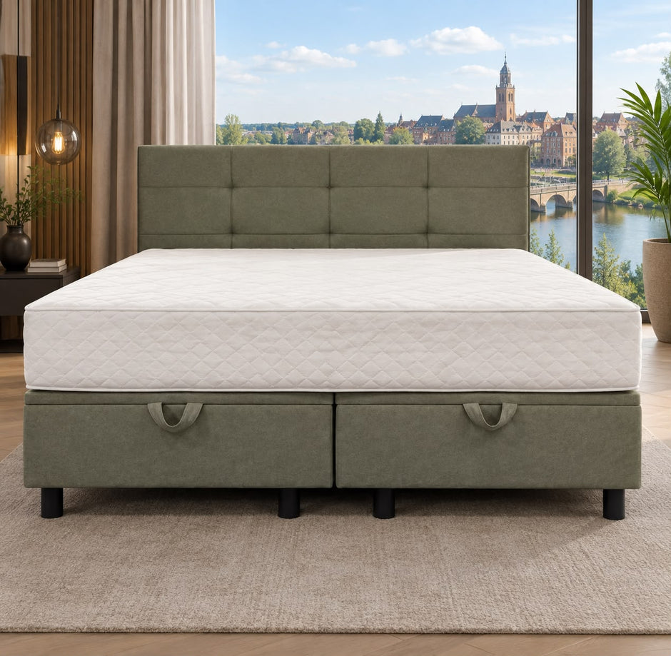 Boxspring David 180 x 200 cm – Mosgroen met opbergruimte